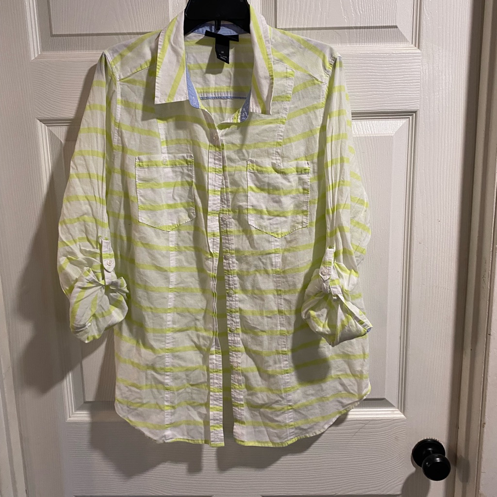 Lane Bryant White And Neon Yellow Striped Casual Button-Down Shirt 100% Cotton